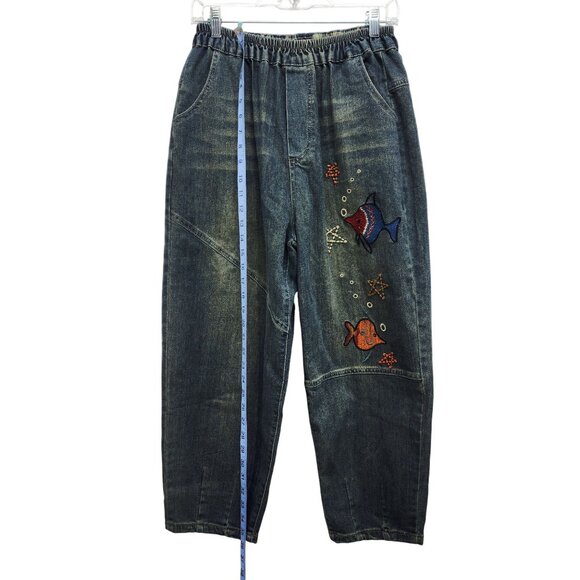 Vintage Denim Embroidered Fish Pattern Elastic Waist Cropped Pants Size S - Picture 6 of 8